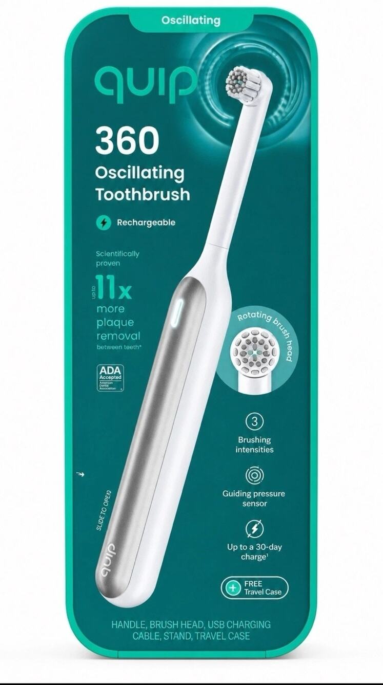 Quip 360 Oscillating Rechargeable Toothbrush White Silver Travel Case Rotating!!
